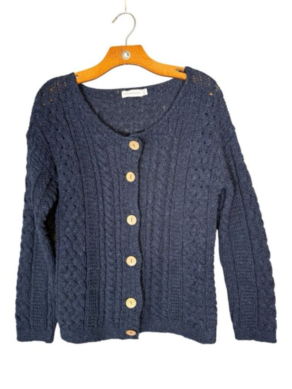 Celtic & Co 100% Wool Navy Blue Cable Knit Cardigan Coastal Fisherman Neutral S